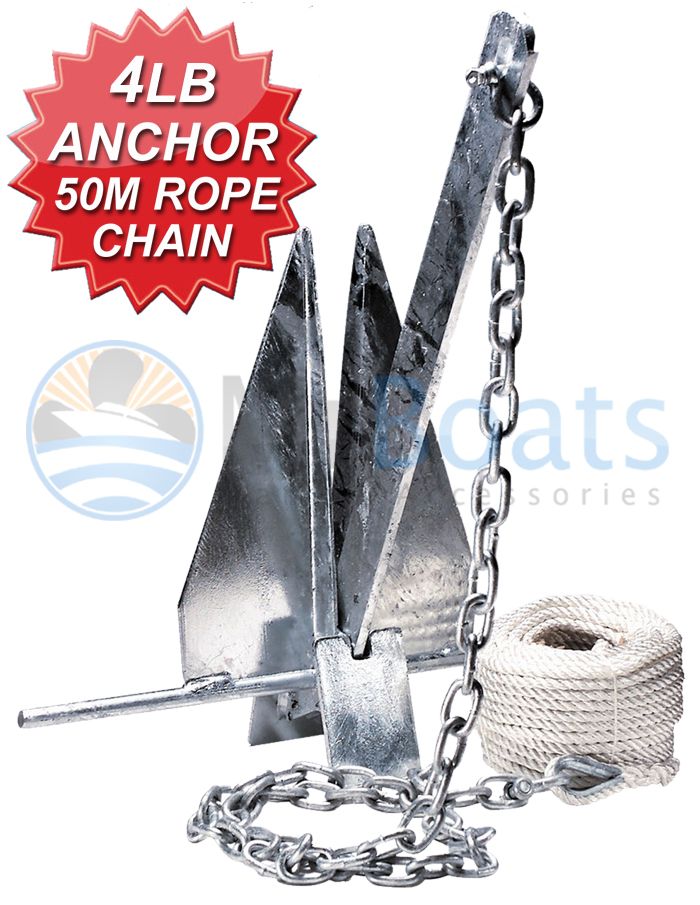 BOAT ANCHORING KIT 4lb / 2kg Sand Anchor, 2M Galvanised Chain, 50M x 6mm Rope with Stainless